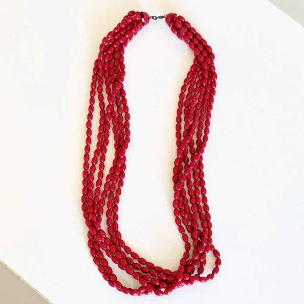 Vintage Red Black Speckled Multi Strand Long Fused Acrylic Beaded Necklace artsy